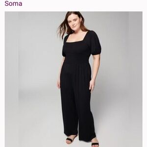 Soma Woman's Black Soft Jersey Smocked Wide leg Jumpsuit Sz 16-18 XL